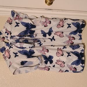 Butterfly Print Blouse with Neck Tie and Flutter Sleeves